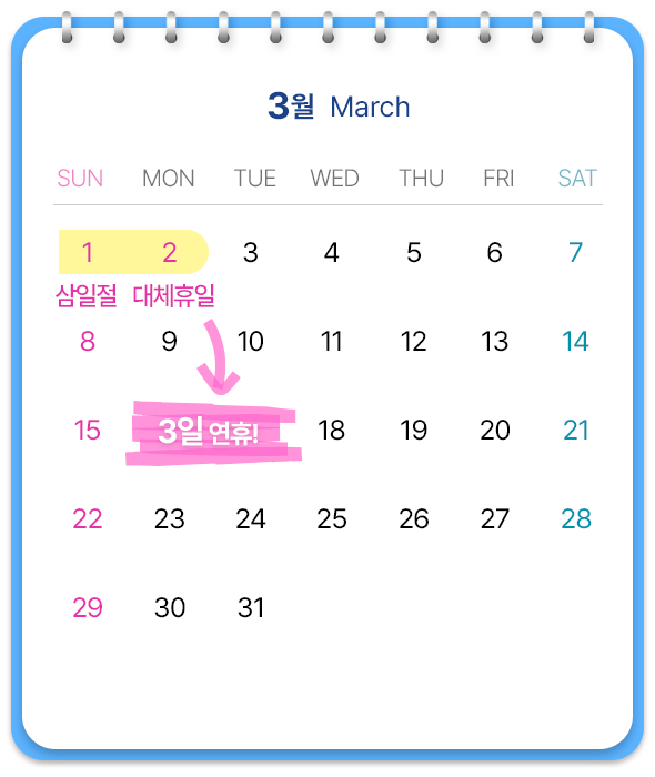 3월, 2일에 대체 휴일 포함 3일 연휴!