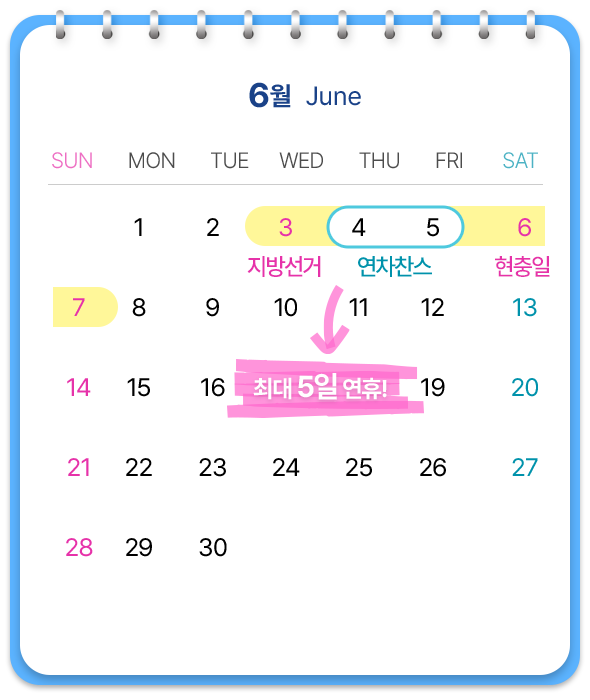 6월, 4-5일에 연차 사용하면 최대 5일 연휴!